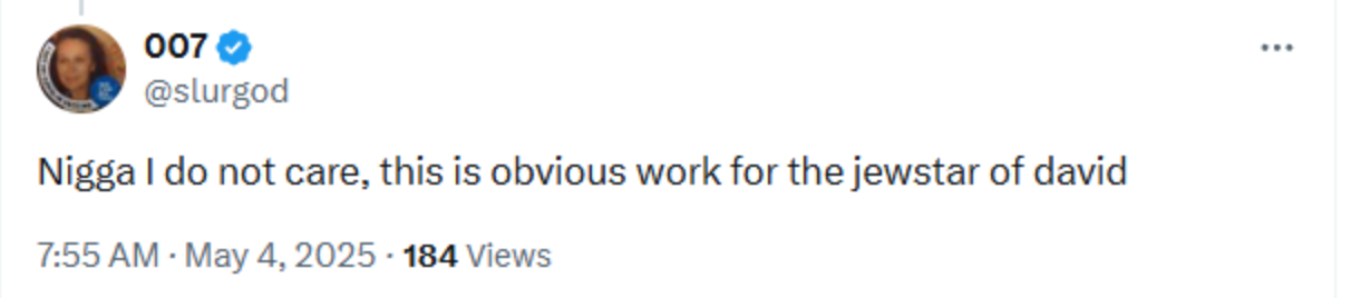Screenshot of a public post containing a racial slur and antisemitic language