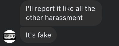 Screenshot of an Outsiders Tavern account replying that the report is fake