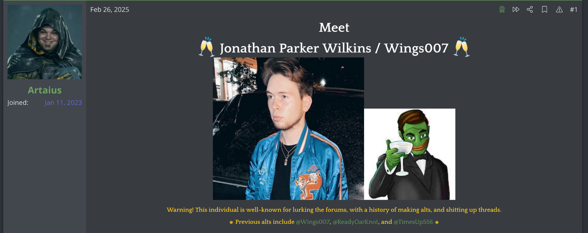 Archived forum post identifying Jonathan Parker Wilkins as Wings007 and listing previous aliases